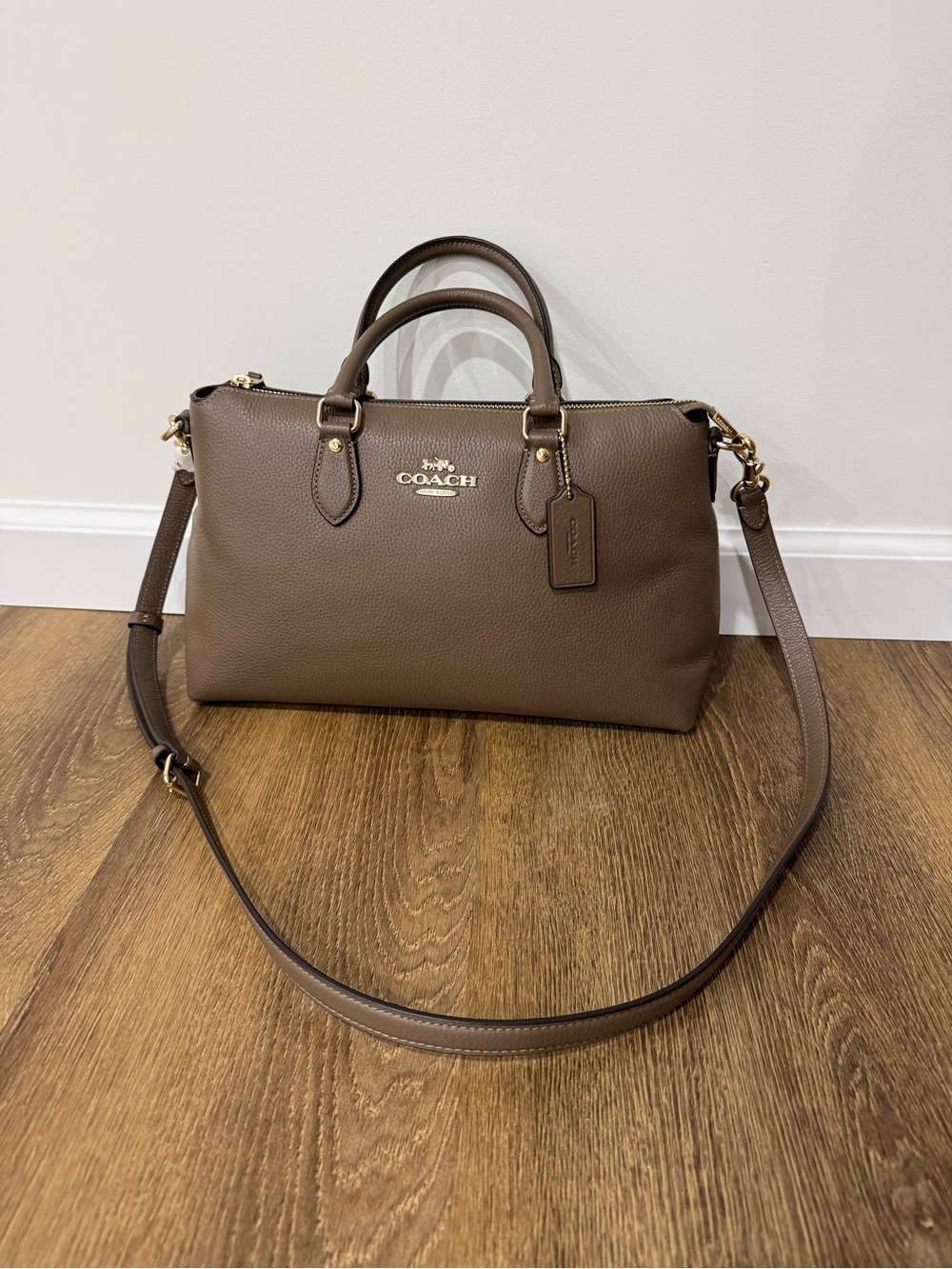 COACH Georgia Pebbled Leather Satchel in Dark Stone